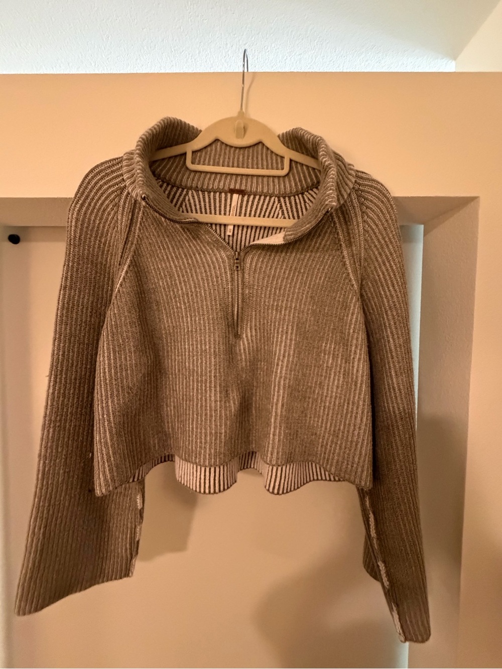 Free People Cropped Ribbed Half-Zip Sweater - Taupe